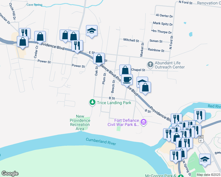 map of restaurants, bars, coffee shops, grocery stores, and more near 208 Beech Street in Clarksville