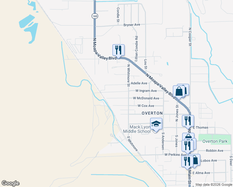 map of restaurants, bars, coffee shops, grocery stores, and more near 585 West Ingram Avenue in Moapa Valley