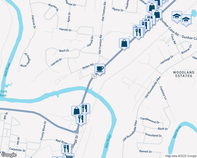 map of restaurants, bars, coffee shops, grocery stores, and more near 1519 Wilma Rudolph Boulevard in Clarksville