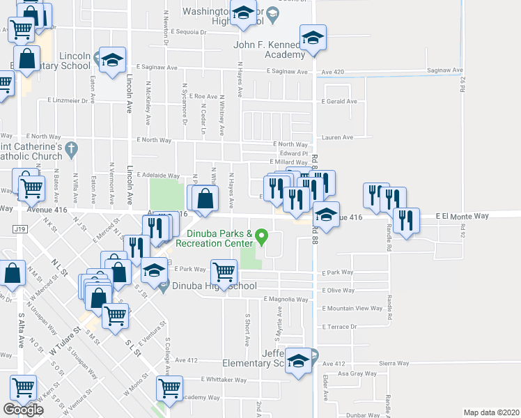 map of restaurants, bars, coffee shops, grocery stores, and more near 1375 East El Monte Way in Dinuba