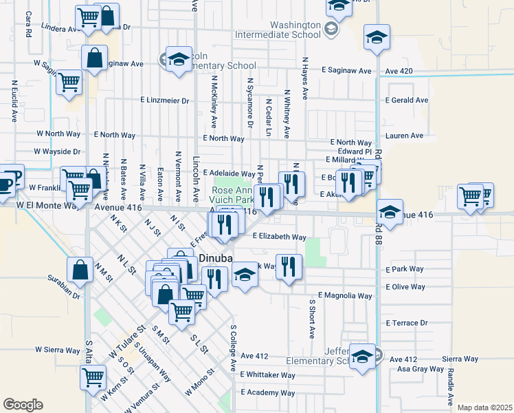 map of restaurants, bars, coffee shops, grocery stores, and more near 106 East El Monte Way in Dinuba