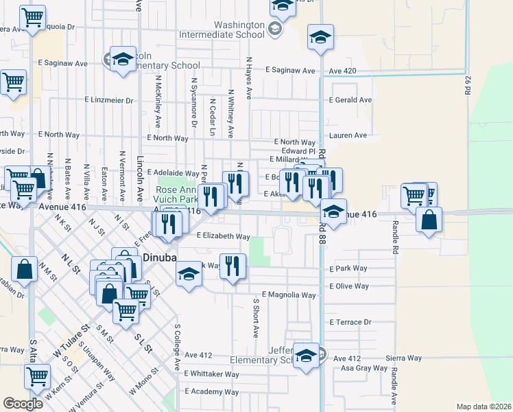 map of restaurants, bars, coffee shops, grocery stores, and more near 1327 East El Monte Way in Dinuba