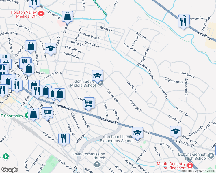 map of restaurants, bars, coffee shops, grocery stores, and more near 1216 Catawba Street in Kingsport