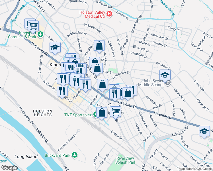 map of restaurants, bars, coffee shops, grocery stores, and more near 607 Dale Street in Kingsport