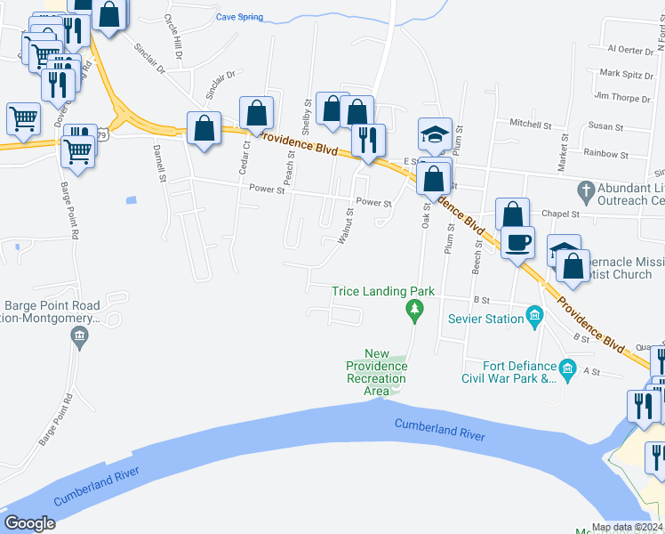 map of restaurants, bars, coffee shops, grocery stores, and more near 133 Walnut Street in Clarksville