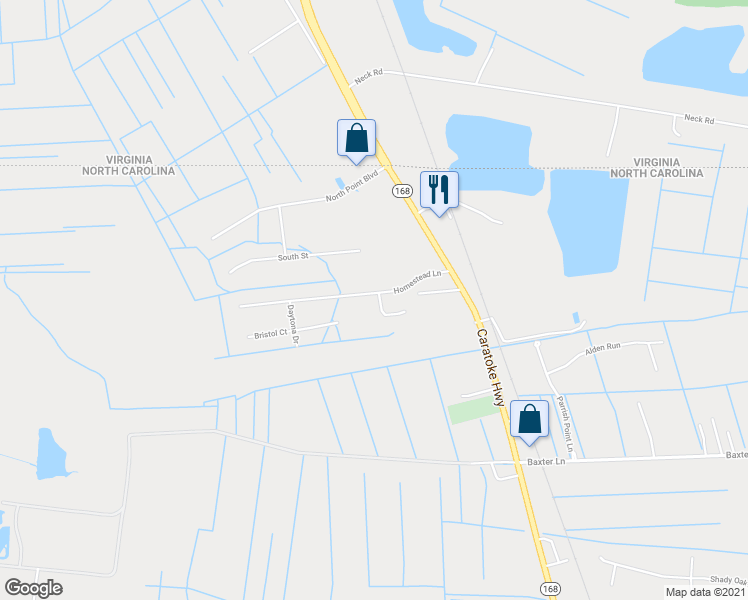 map of restaurants, bars, coffee shops, grocery stores, and more near 100 Victory Court in Moyock