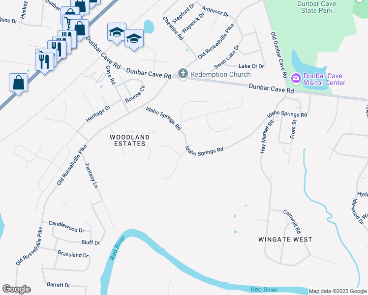 map of restaurants, bars, coffee shops, grocery stores, and more near 396 Idaho Springs Road in Clarksville
