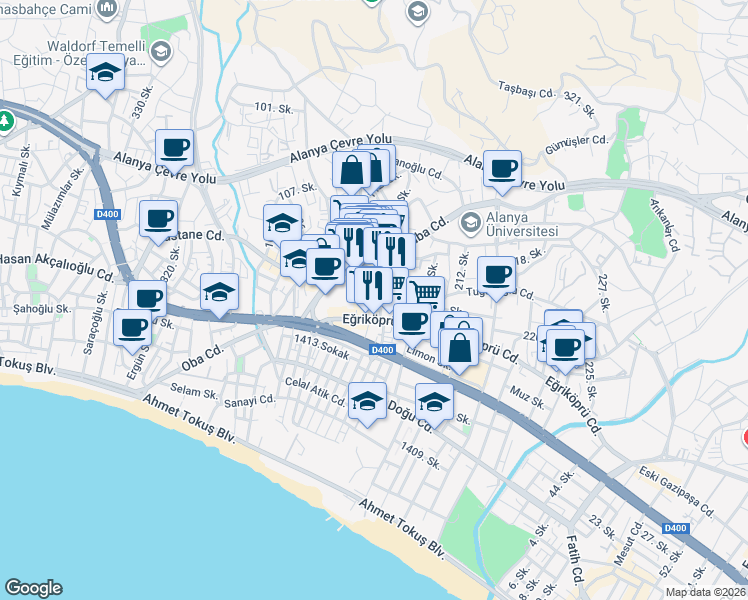 map of restaurants, bars, coffee shops, grocery stores, and more near 6a 204. Sokak in Alanya