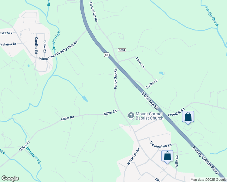map of restaurants, bars, coffee shops, grocery stores, and more near 2077 Fancy Gap Road in Mount Airy