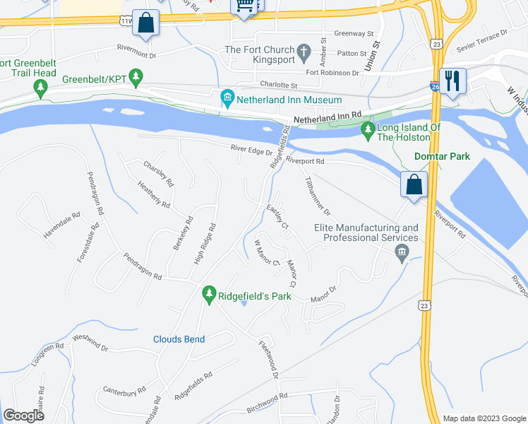 map of restaurants, bars, coffee shops, grocery stores, and more near 401 Ridgefields Road in Kingsport
