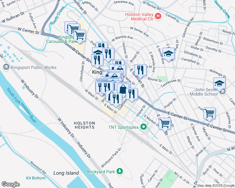 map of restaurants, bars, coffee shops, grocery stores, and more near 126 East Market Street in Kingsport