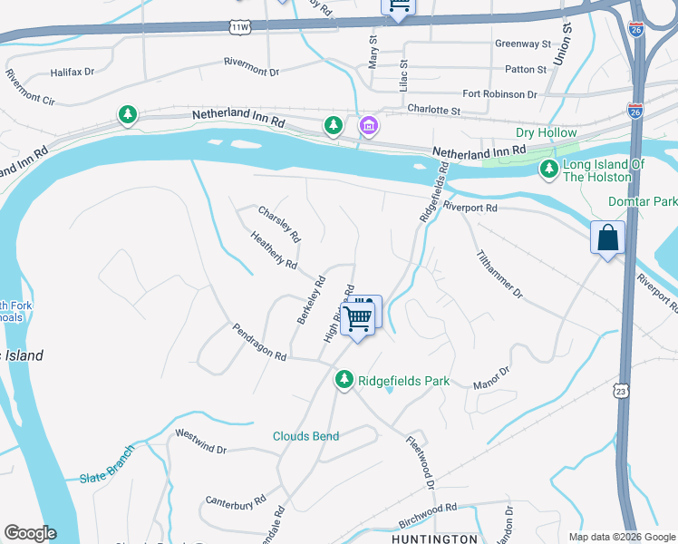 map of restaurants, bars, coffee shops, grocery stores, and more near 409 Berkeley Road in Kingsport