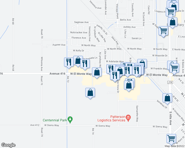 map of restaurants, bars, coffee shops, grocery stores, and more near 2625 West El Monte Way in Dinuba
