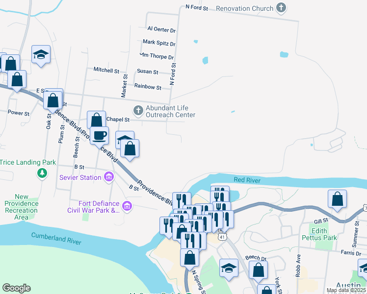 map of restaurants, bars, coffee shops, grocery stores, and more near 2071 North Ford Street in Clarksville