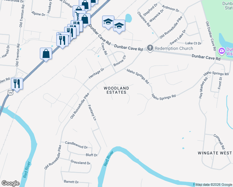 map of restaurants, bars, coffee shops, grocery stores, and more near 318 Ridgeland Drive in Clarksville