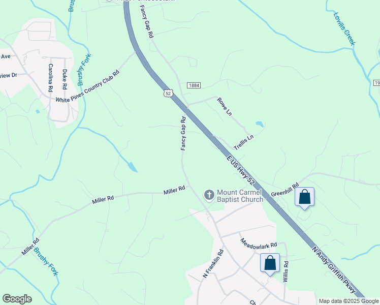 map of restaurants, bars, coffee shops, grocery stores, and more near 2077 Fancy Gap Road in Mount Airy