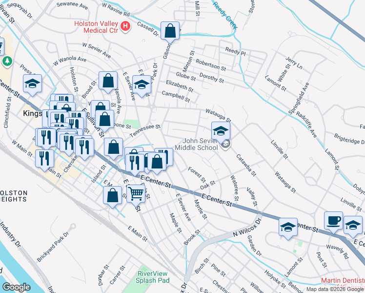 map of restaurants, bars, coffee shops, grocery stores, and more near 1113 Poplar Street in Kingsport