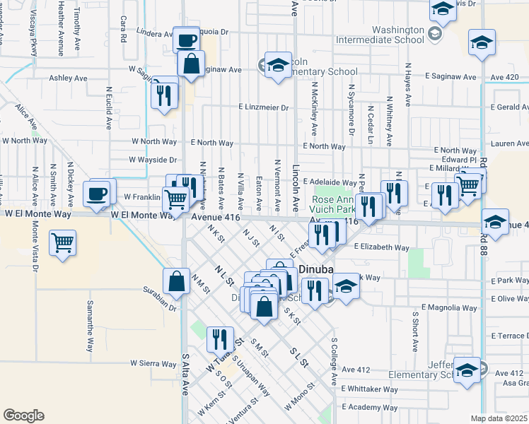map of restaurants, bars, coffee shops, grocery stores, and more near 597 East El Monte Way in Dinuba