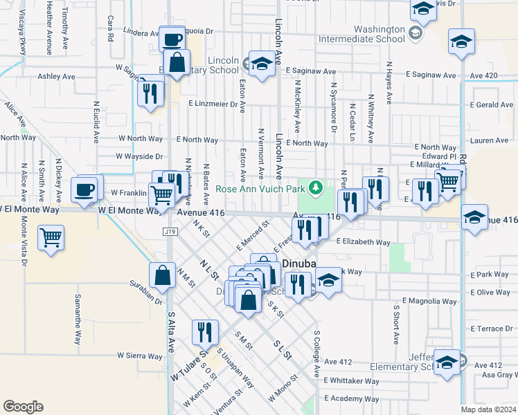 map of restaurants, bars, coffee shops, grocery stores, and more near 597 East El Monte Way in Dinuba