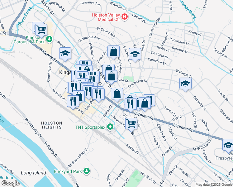 map of restaurants, bars, coffee shops, grocery stores, and more near 427 East Sullivan Street in Kingsport