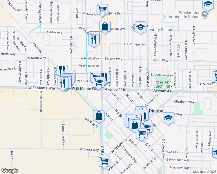 map of restaurants, bars, coffee shops, grocery stores, and more near 195 East El Monte Way in Dinuba