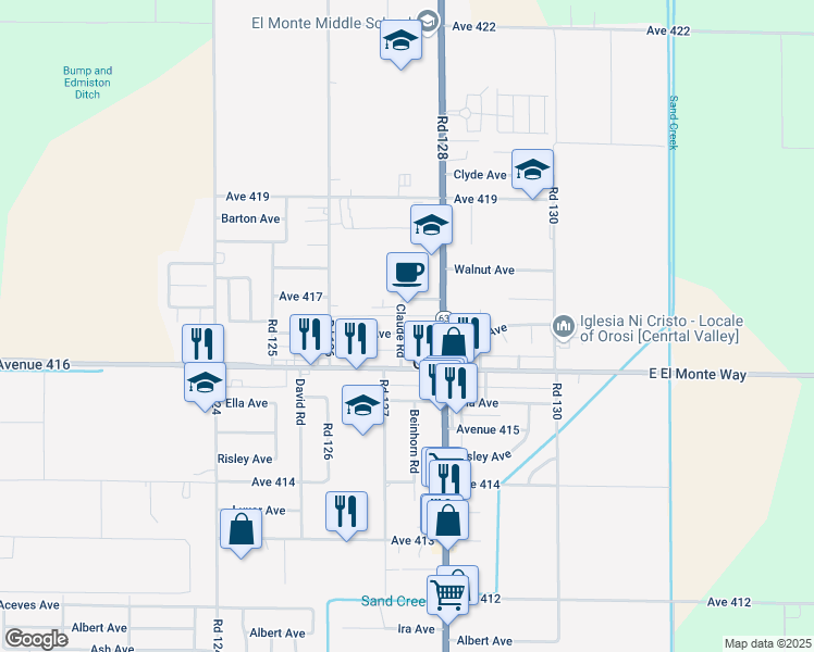 map of restaurants, bars, coffee shops, grocery stores, and more near 12716 Miller Avenue in Orosi