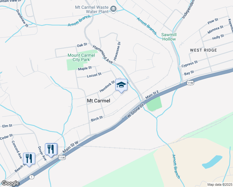 map of restaurants, bars, coffee shops, grocery stores, and more near 127 Cherry Street in Mount Carmel