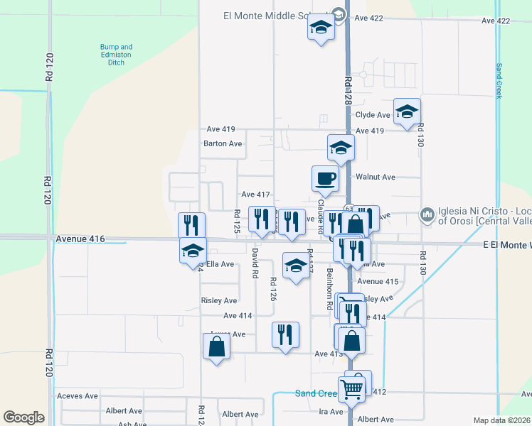map of restaurants, bars, coffee shops, grocery stores, and more near 12572 Miller Ave in Orosi