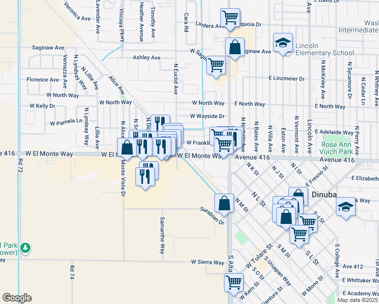 map of restaurants, bars, coffee shops, grocery stores, and more near 1 Euclid Avenue in Dinuba