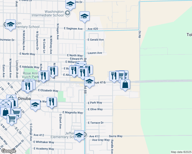 map of restaurants, bars, coffee shops, grocery stores, and more near 4275 Avenue 416 in Dinuba