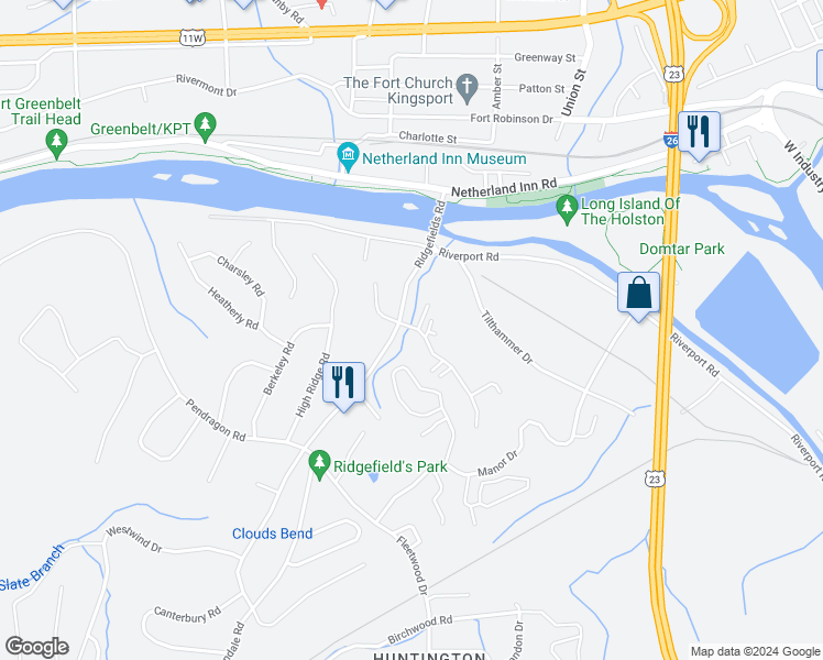 map of restaurants, bars, coffee shops, grocery stores, and more near 404 Eastley Court in Kingsport