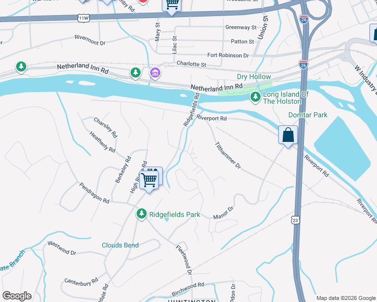 map of restaurants, bars, coffee shops, grocery stores, and more near 408 Eastley Court in Kingsport