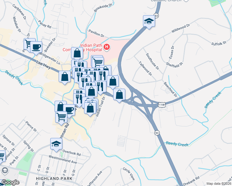 map of restaurants, bars, coffee shops, grocery stores, and more near 1832-1848 E Stone Dr in Kingsport