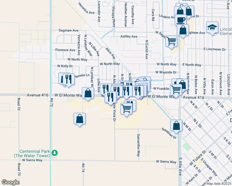 map of restaurants, bars, coffee shops, grocery stores, and more near 881 West El Monte Way in Dinuba