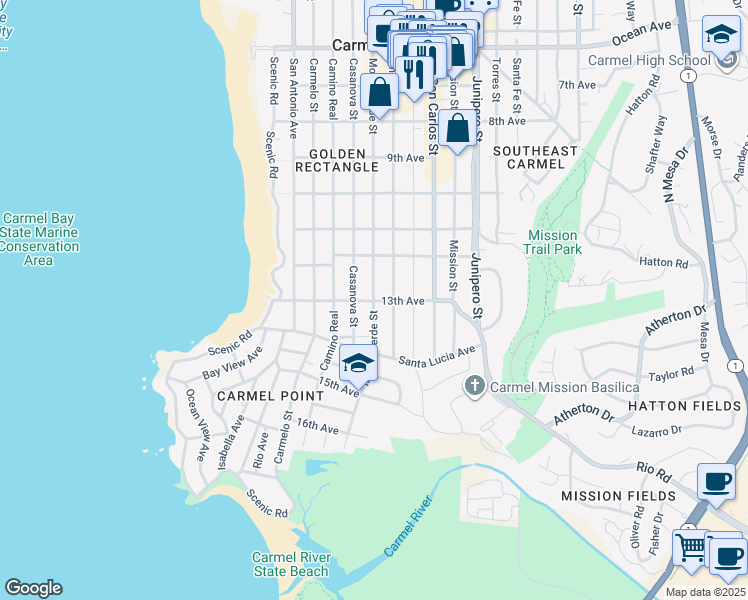map of restaurants, bars, coffee shops, grocery stores, and more near 19598 Monte Verde Street in Carmel-by-the-Sea