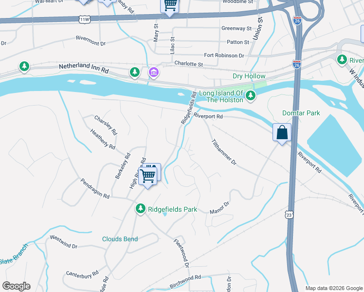 map of restaurants, bars, coffee shops, grocery stores, and more near 408 Eastley Court in Kingsport