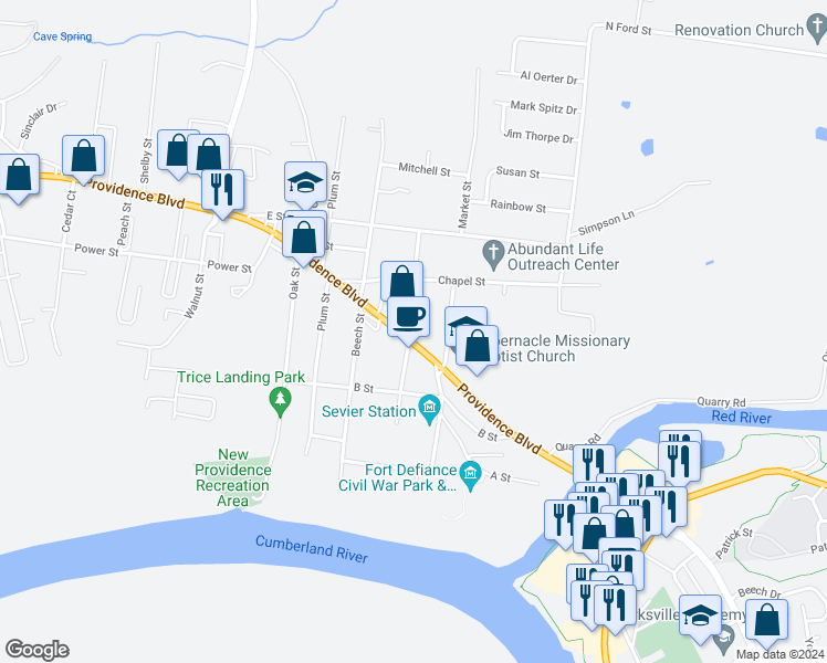 map of restaurants, bars, coffee shops, grocery stores, and more near 212 Providence Boulevard in Clarksville