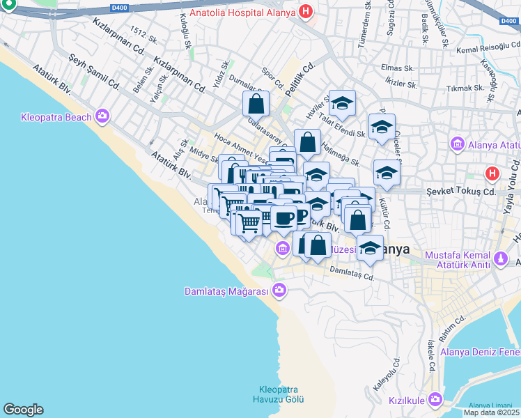 map of restaurants, bars, coffee shops, grocery stores, and more near 111 Atatürk Bulvarı in Alanya