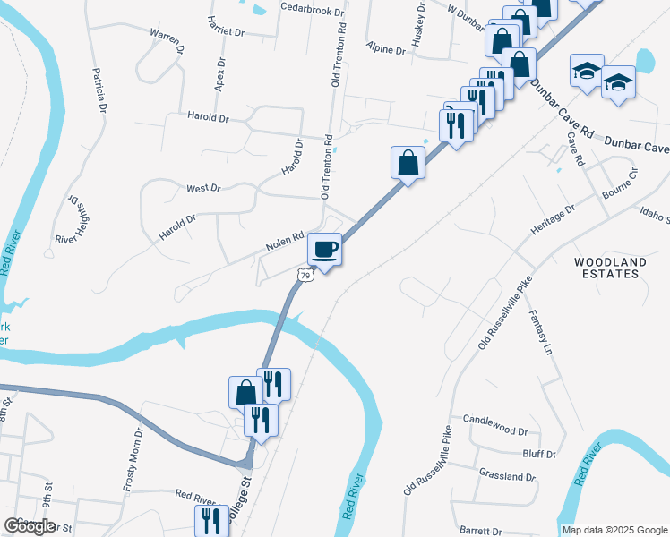 map of restaurants, bars, coffee shops, grocery stores, and more near 1527 Wilma Rudolph Boulevard in Clarksville