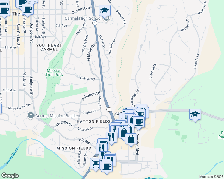map of restaurants, bars, coffee shops, grocery stores, and more near 25975 South Carmel Hills Drive in Carmel-by-the-Sea