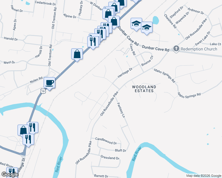 map of restaurants, bars, coffee shops, grocery stores, and more near 1752 Heritage Drive in Clarksville