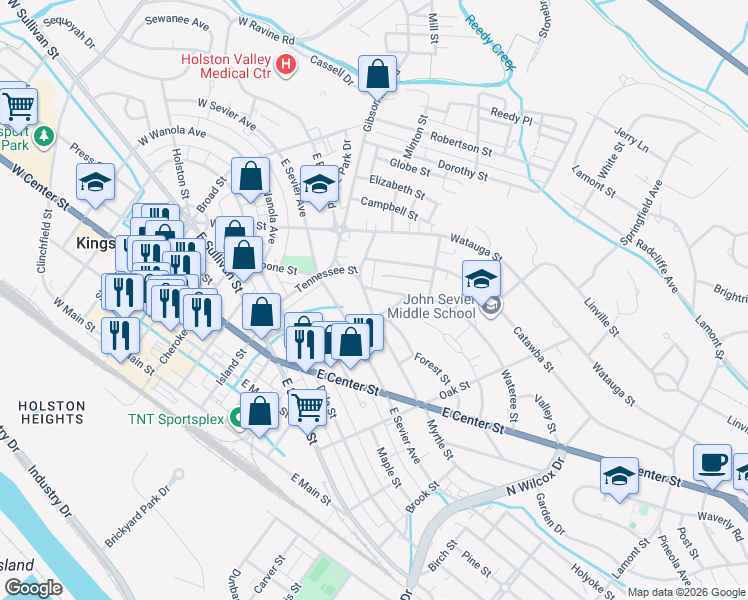 map of restaurants, bars, coffee shops, grocery stores, and more near 605 Myrtle Street in Kingsport