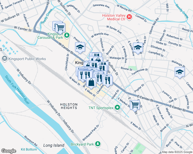 map of restaurants, bars, coffee shops, grocery stores, and more near 126 East Market Street in Kingsport