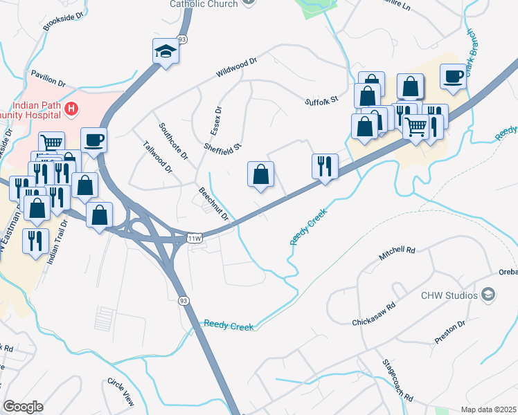 map of restaurants, bars, coffee shops, grocery stores, and more near 2424 East Stone Drive in Kingsport