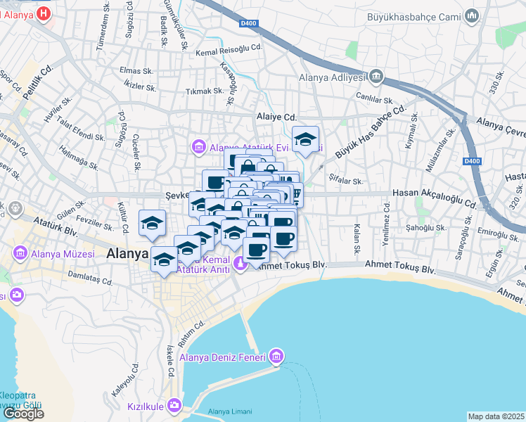 map of restaurants, bars, coffee shops, grocery stores, and more near Şirin Sokak in Alanya