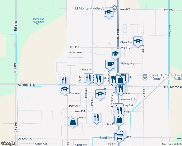 map of restaurants, bars, coffee shops, grocery stores, and more near 12572 Miller Ave in Orosi