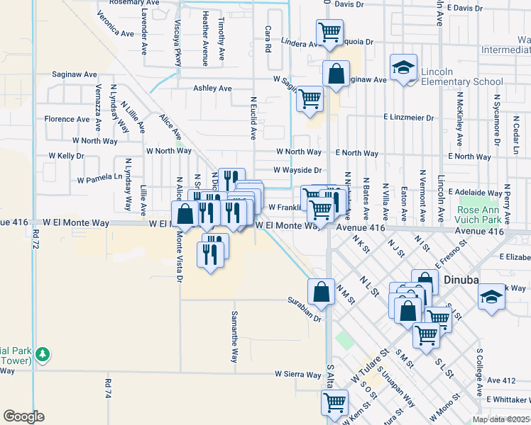 map of restaurants, bars, coffee shops, grocery stores, and more near 1 Euclid Avenue in Dinuba
