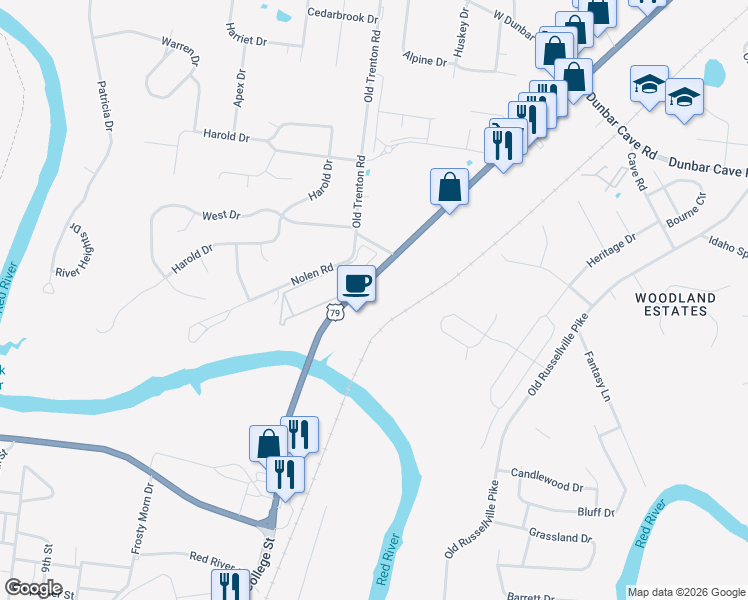 map of restaurants, bars, coffee shops, grocery stores, and more near 1535 Wilma Rudolph Boulevard in Clarksville