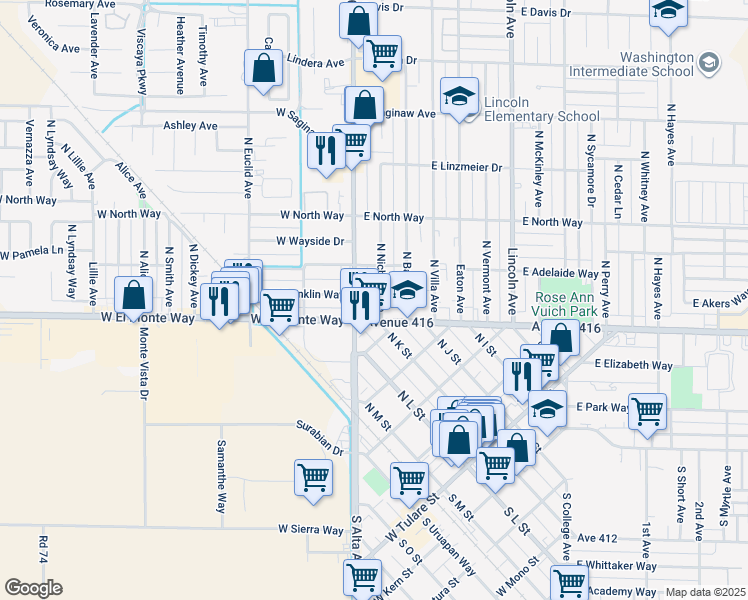 map of restaurants, bars, coffee shops, grocery stores, and more near 195 East El Monte Way in Dinuba