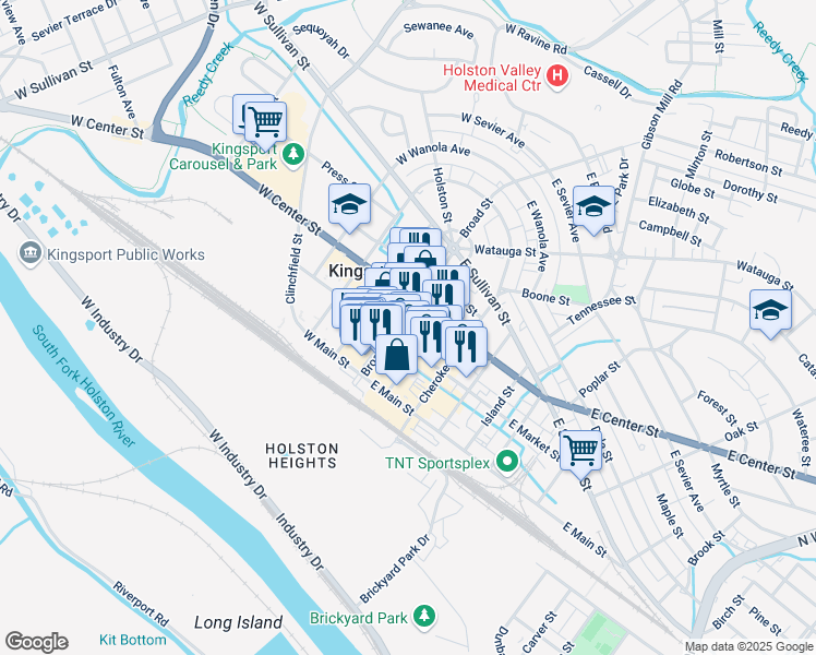 map of restaurants, bars, coffee shops, grocery stores, and more near 126 East Market Street in Kingsport